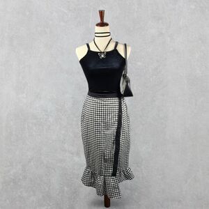 Y2K BCBGeneration Black White Gingham Ruffle Hem Side Slit Midi Skirt